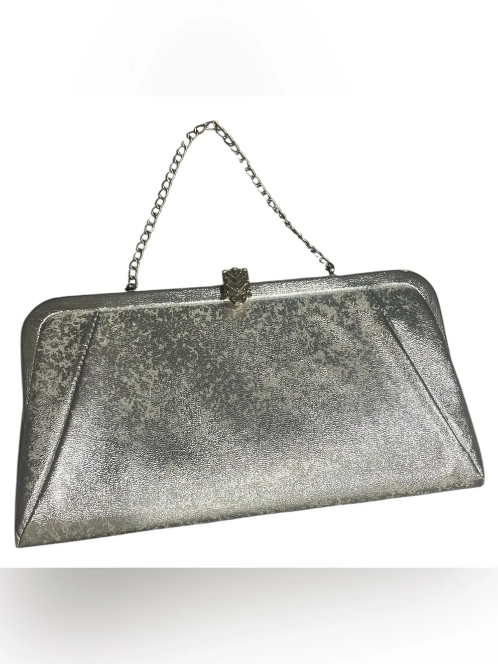 Vintage Silver Metallic Frame Clutch Evening Bag Chain Handle